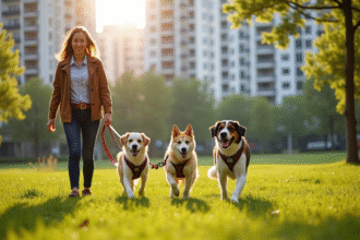 Promeneur de chiens dans un parc urbain ensoleille avec trois chiens heureux