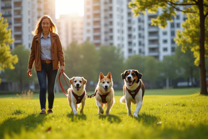 Promeneur de chiens dans un parc urbain ensoleille avec trois chiens heureux