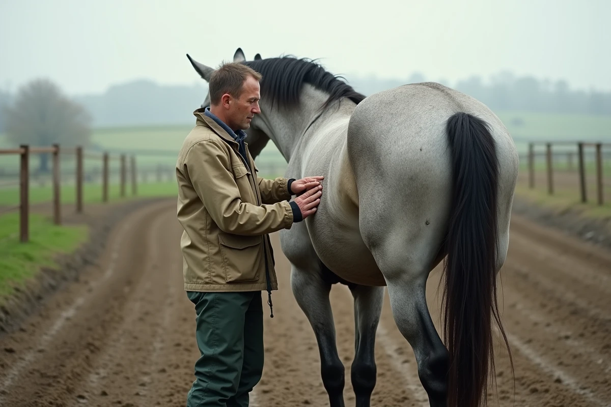 Propriétaire de cheval palpant la jambe postérieure d'un cheval gris en paddock pour repérer un début d'engorgement des membres