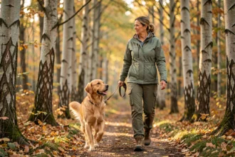Femme randonneuse promenant son golden retriever en laisse détendue sur un sentier forestier en automne