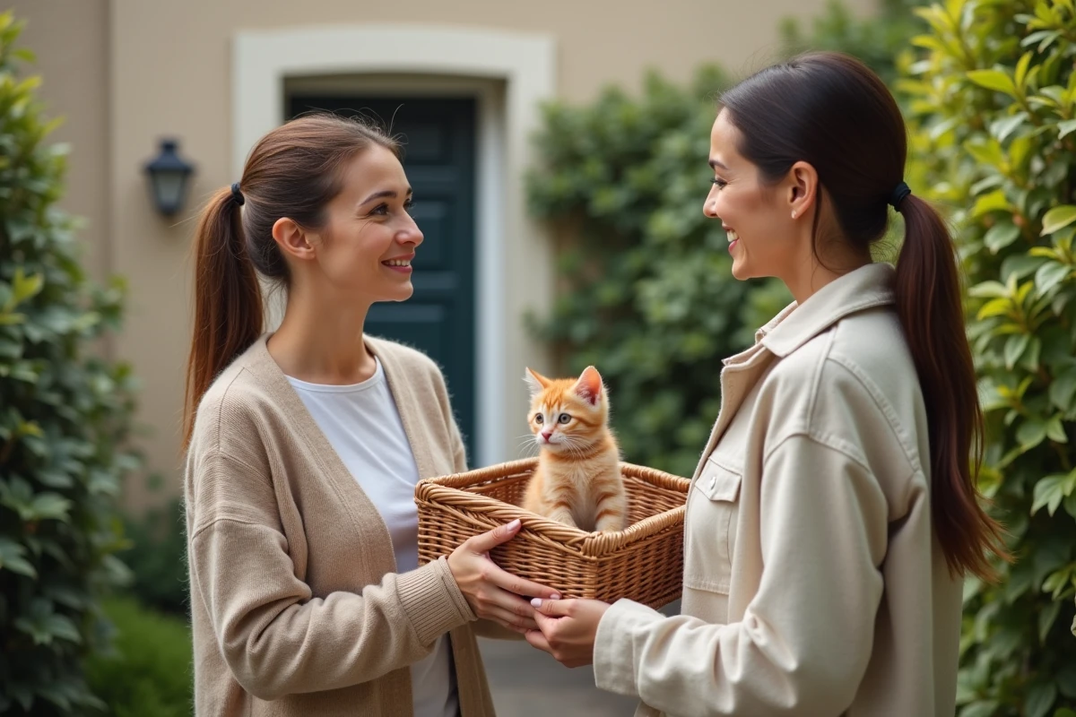 Remise d'un chaton de 3 mois entre particuliers en Île-de-France avec contrat de cession devant un pavillon