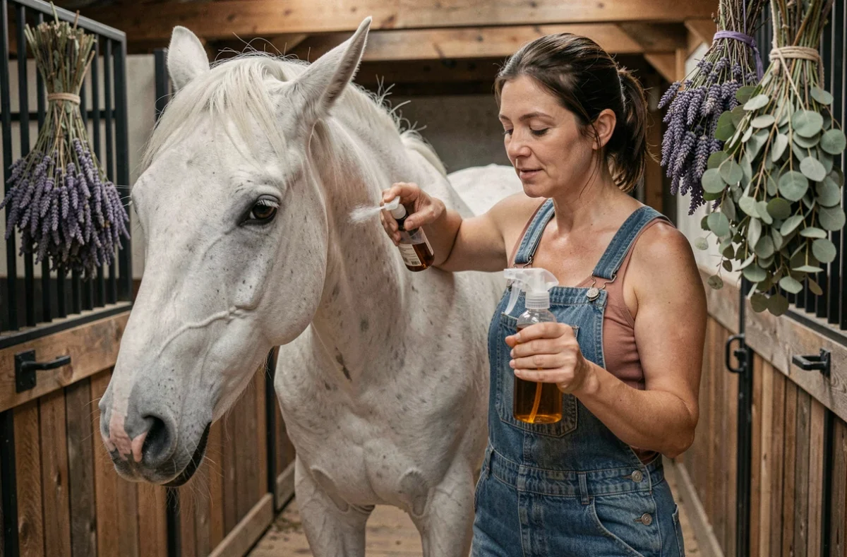 Femme appliquant un répulsif naturel contre les mouches sur un cheval gris dans une écurie avec des plantes séchées en décoration