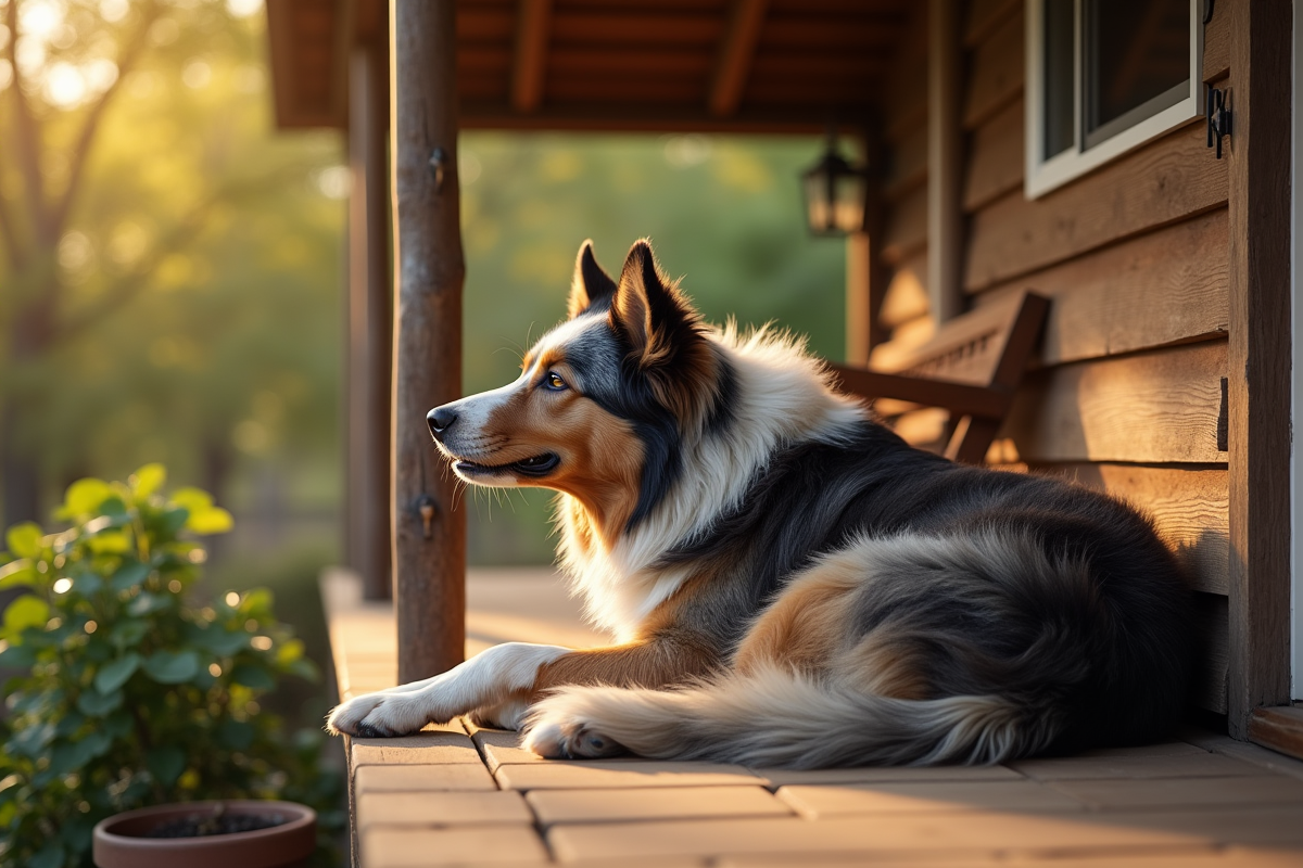 Chien Australian Shepherd âgé reposant sur la terrasse ensoleillée