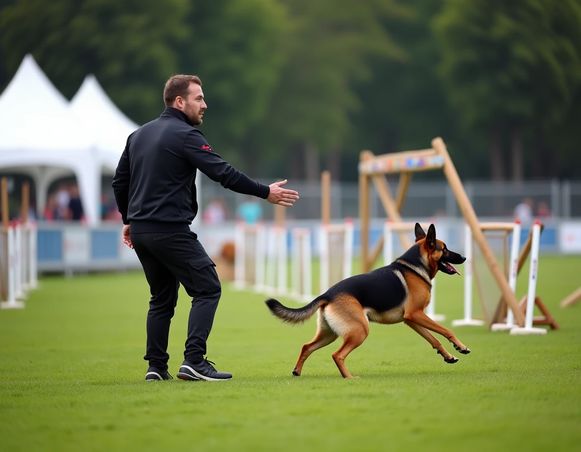 Dresseur et Berger Allemand en pleine session d'agilité sur le terrain sportif de Royston Sport