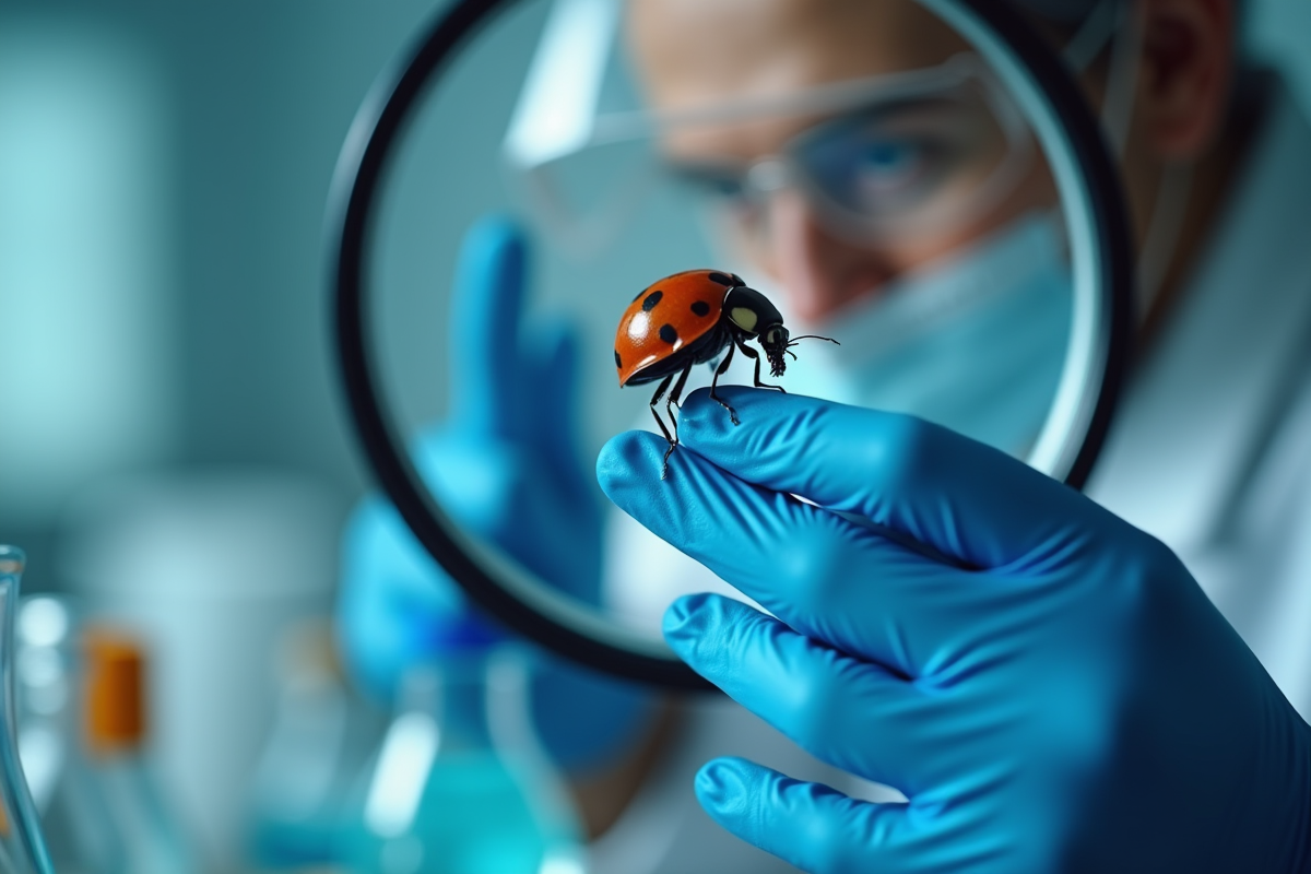 Main d’un scientifique tenant une coccinelle sous microscope