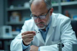 Scientifique examinant une micropuce électronique en laboratoire avec une pince de précision