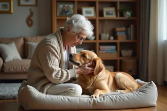 Femme âgée caressant un chien golden retriever dans un salon chaleureux