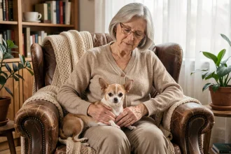 Femme senior aux cheveux argentés caressant un petit chien à poil court sur ses genoux dans un salon chaleureux
