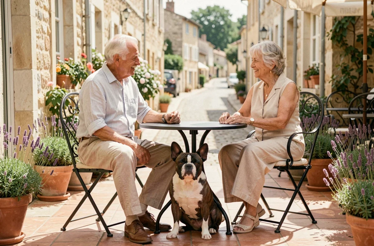 Deux amis seniors assis en terrasse de café avec un petit bouledogue français à poil court à leurs pieds