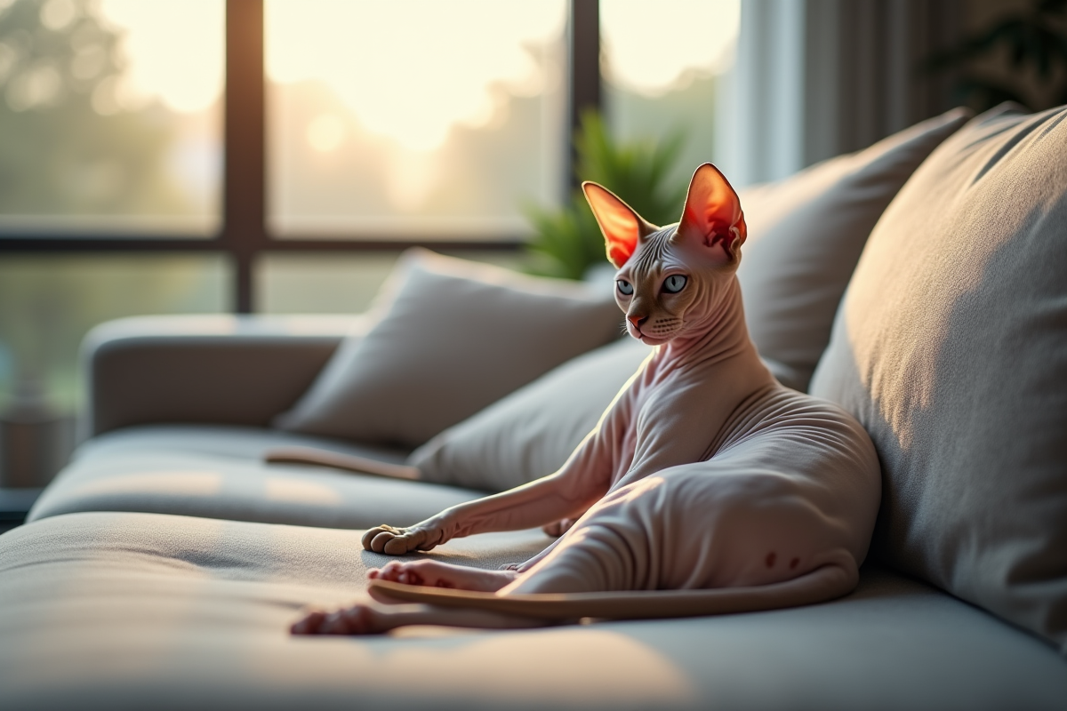 Chat sphynx relaxant sur un canapé moderne