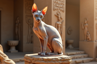 Chat sphynx sur une statue antique en pierre