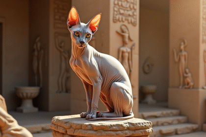 Chat sphynx sur une statue antique en pierre