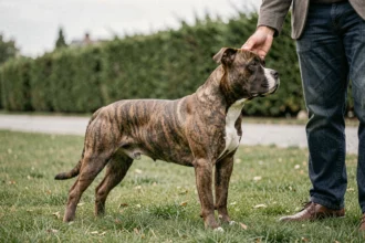 Staffie adulte en profil dans un parc, comparaison de taille avec une personne adulte debout à côté