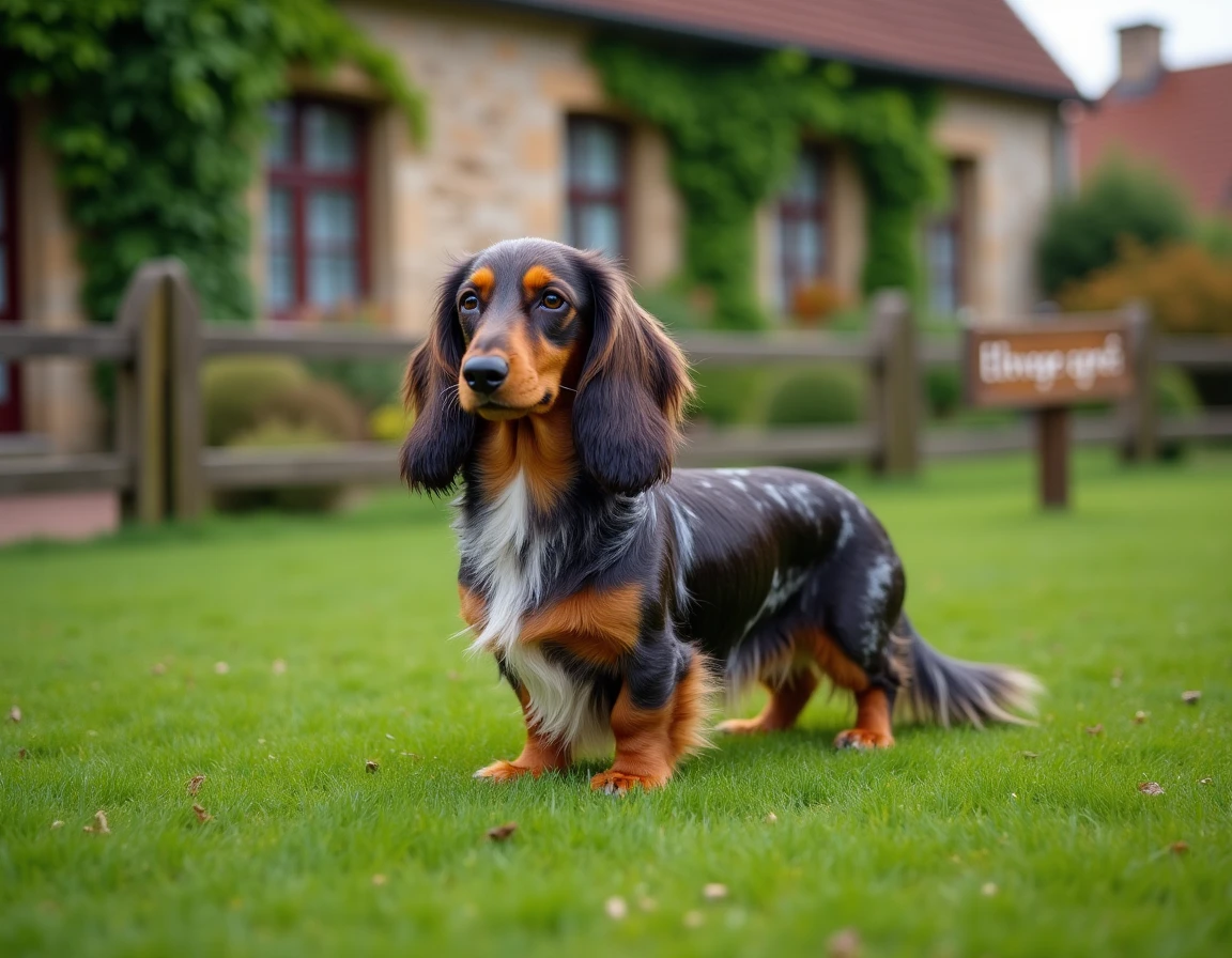Teckel arlequin à poils longs dans le jardin d'un élevage agréé en milieu rural