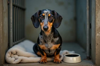 Teckel arlequin assis dans un box de refuge pour animaux, regardant l'objectif avec un regard expressif et une robe à motif merle