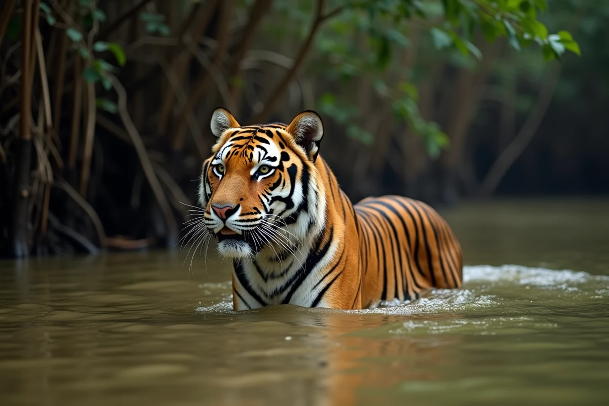 Tigre du Bengale traversant une rivière dans les mangroves des Sundarbans, photographie animalière réaliste