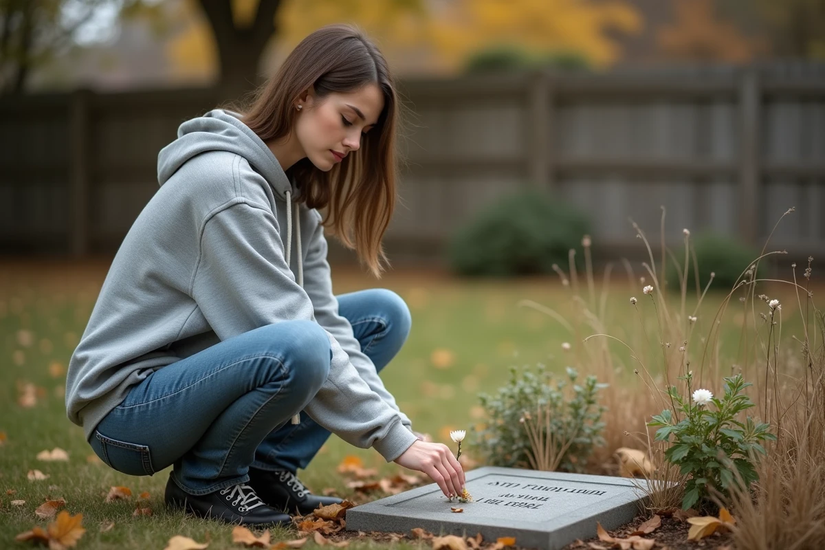 Jeune femme déposant une fleur blanche sur la tombe de son chien dans le jardin, pierre commémorative entourée de fleurs sauvages