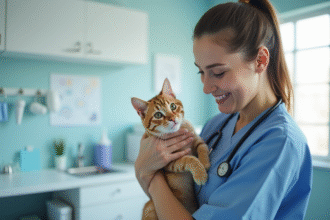 Vétérinaire tenant un chat calme dans une clinique moderne