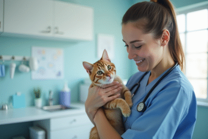 Vétérinaire tenant un chat calme dans une clinique moderne