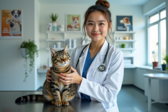 Vétérinaire jeune avec un chat dans une clinique moderne
