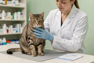 Vétérinaire examinant un chat tigré sur une table de consultation pour discuter des options contraceptives félines