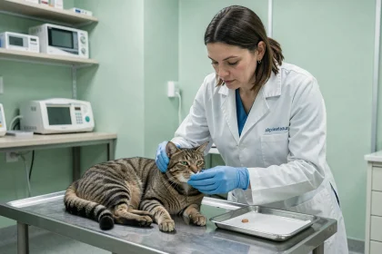 Vétérinaire examinant un chat tigré sur une table d'examen avec un comprimé antiparasitaire Credelio posé à proximité en clinique vétérinaire