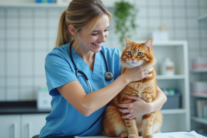 Vétérinaire souriante avec un chat ginger dans une clinique