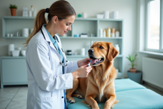 Vétérinaire en blouse blanche soignant un chien calme