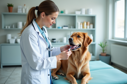 Vétérinaire en blouse blanche soignant un chien calme