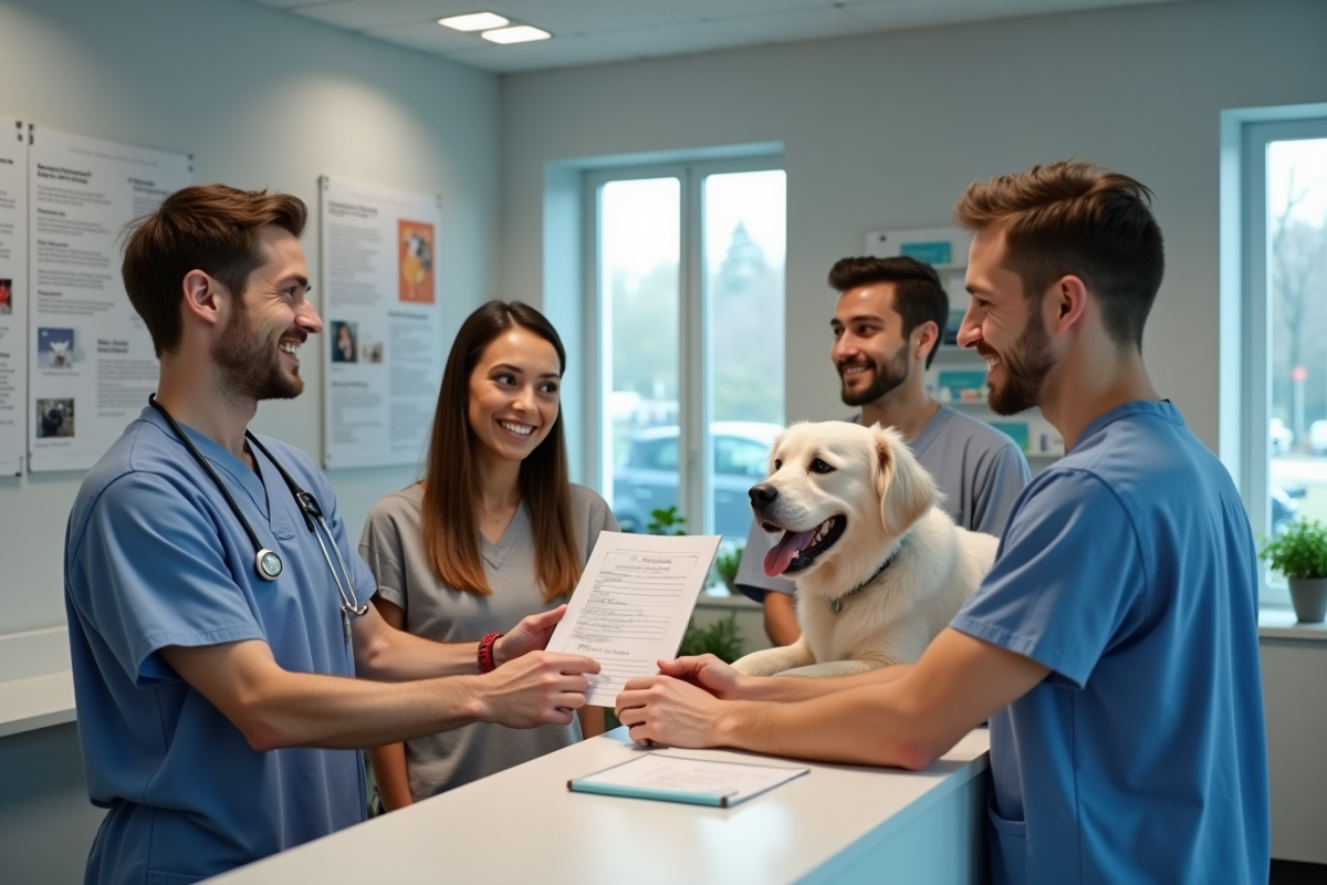Vétérinaire présentant des papiers à un couple avec chien