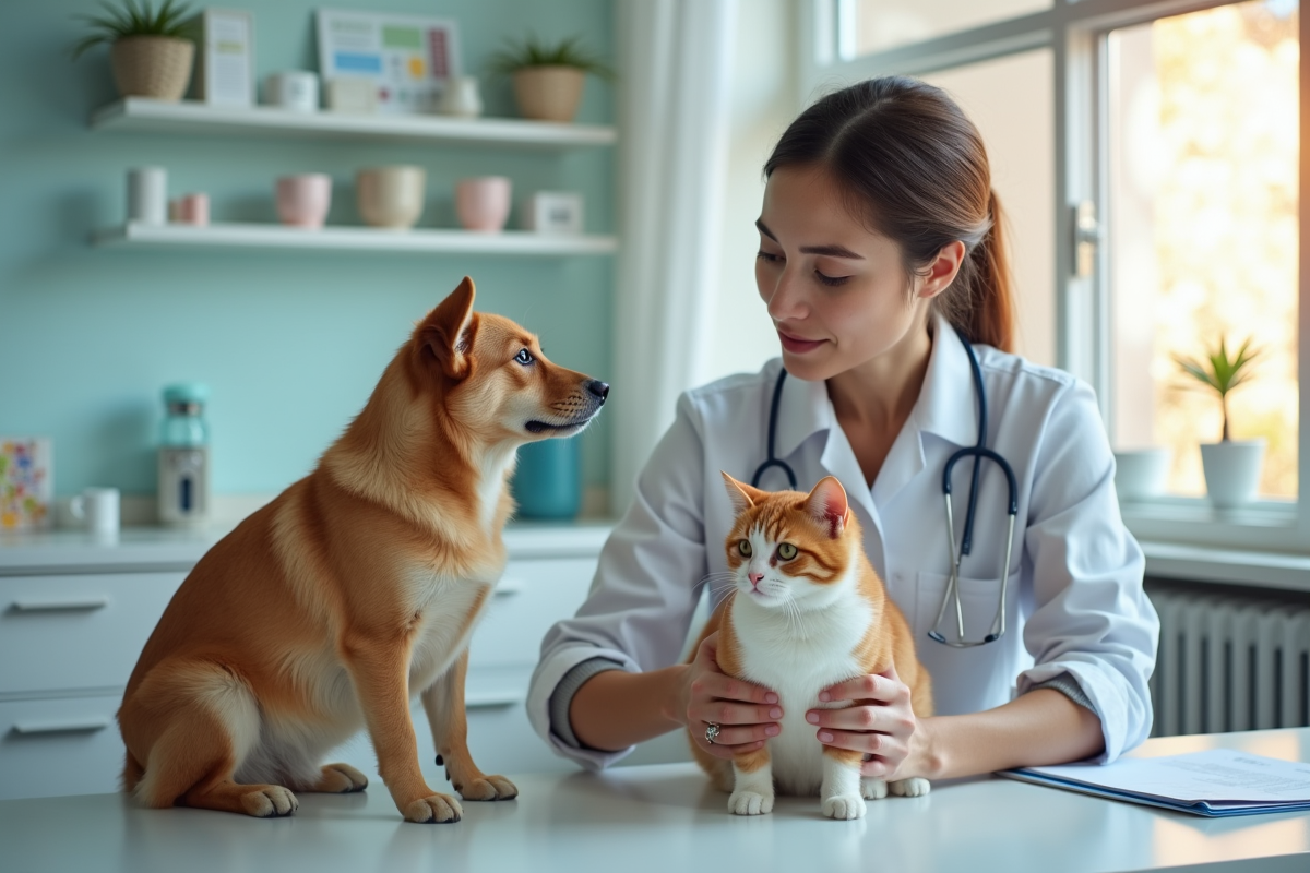 Vétérinaire examinant chien et chat en clinique