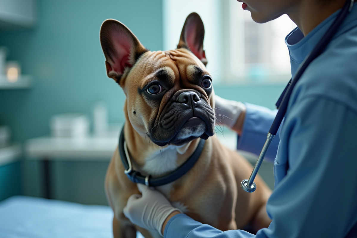 Vétérinaire examinant un bulldog francais en clinique moderne