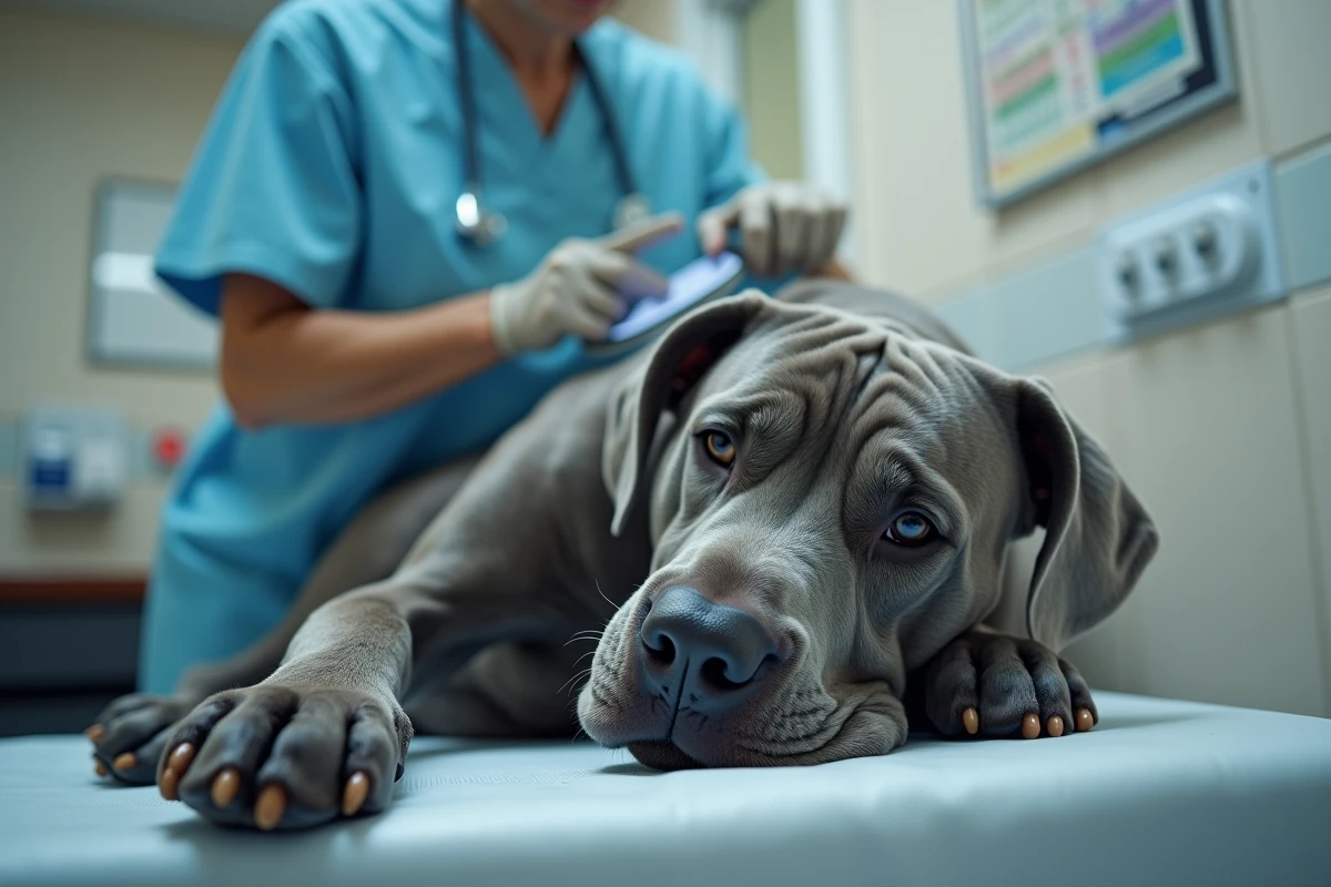 Vétérinaire examine la patte d un Cane Corso âgé
