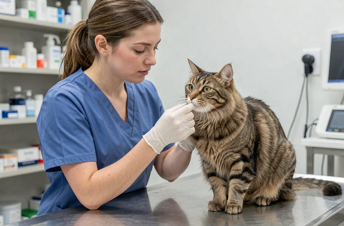 Vétérinaire examinant un chat tigré sur une table de consultation après une possible morsure d'orvet