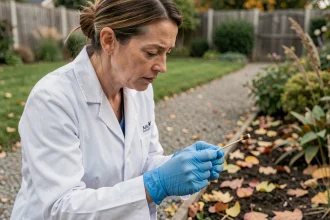 Vétérinaire examinant des crottes de renard dans un jardin pour évaluer les risques sanitaires pour les animaux domestiques