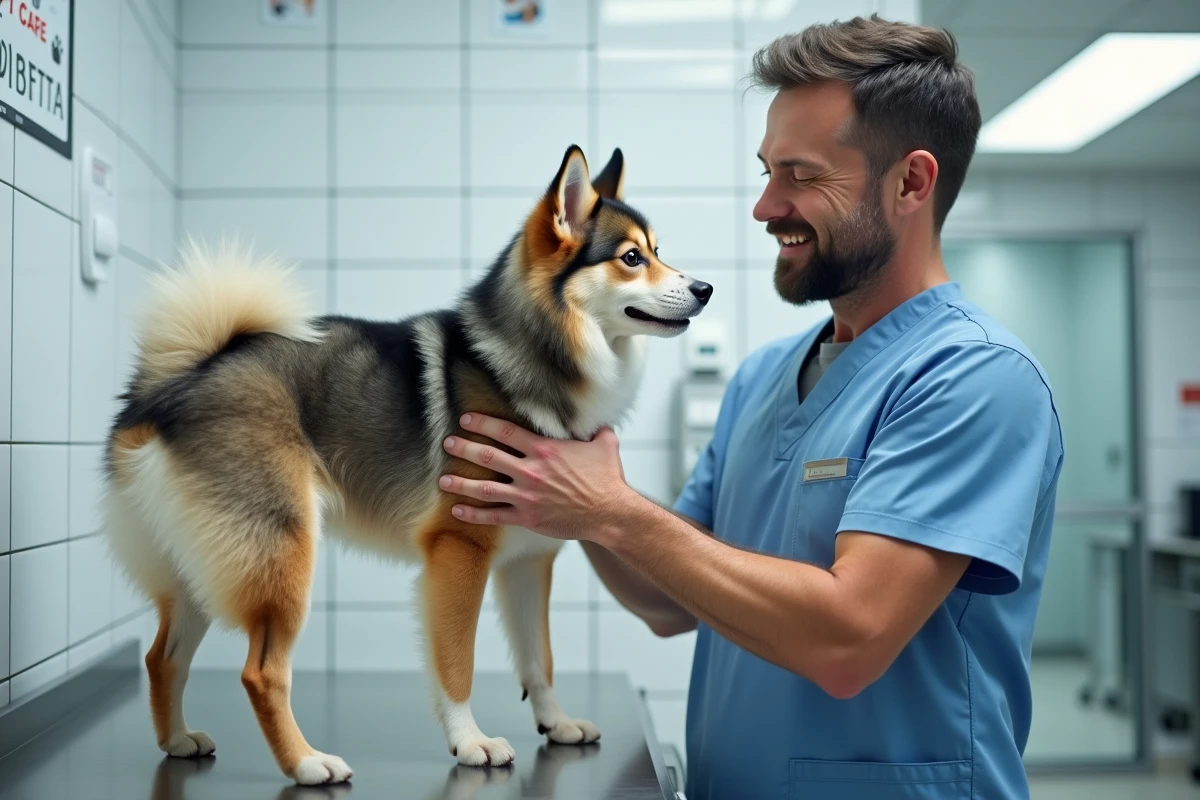 Vétérinaire examinant un Pomsky en clinique