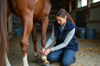 Vétérinaire examinant le sabot et le paturon d'un cheval alezan dans une écurie pour détecter les premiers signes d'engorgement