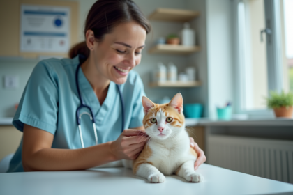 Vétérinaire examinant un chat trisomique dans une clinique