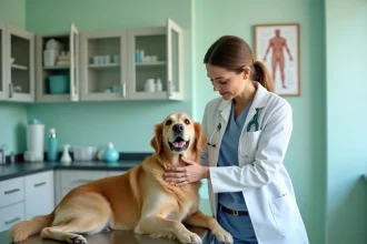 Vétérinaire femme en blouse blanche examinant un golden retriever dans une clinique vétérinaire moderne, illustration du métier de vétérinaire en Europe