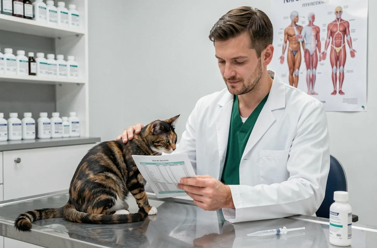 Vétérinaire examinant un chat et consultant une fiche de posologie de Metacam en clinique vétérinaire