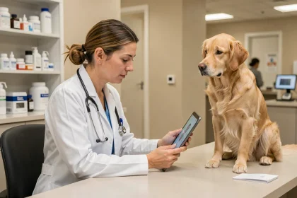 Vétérinaire en téléconsultation avec une tablette numérique lors d'un rendez-vous vétérinaire à distance en clinique