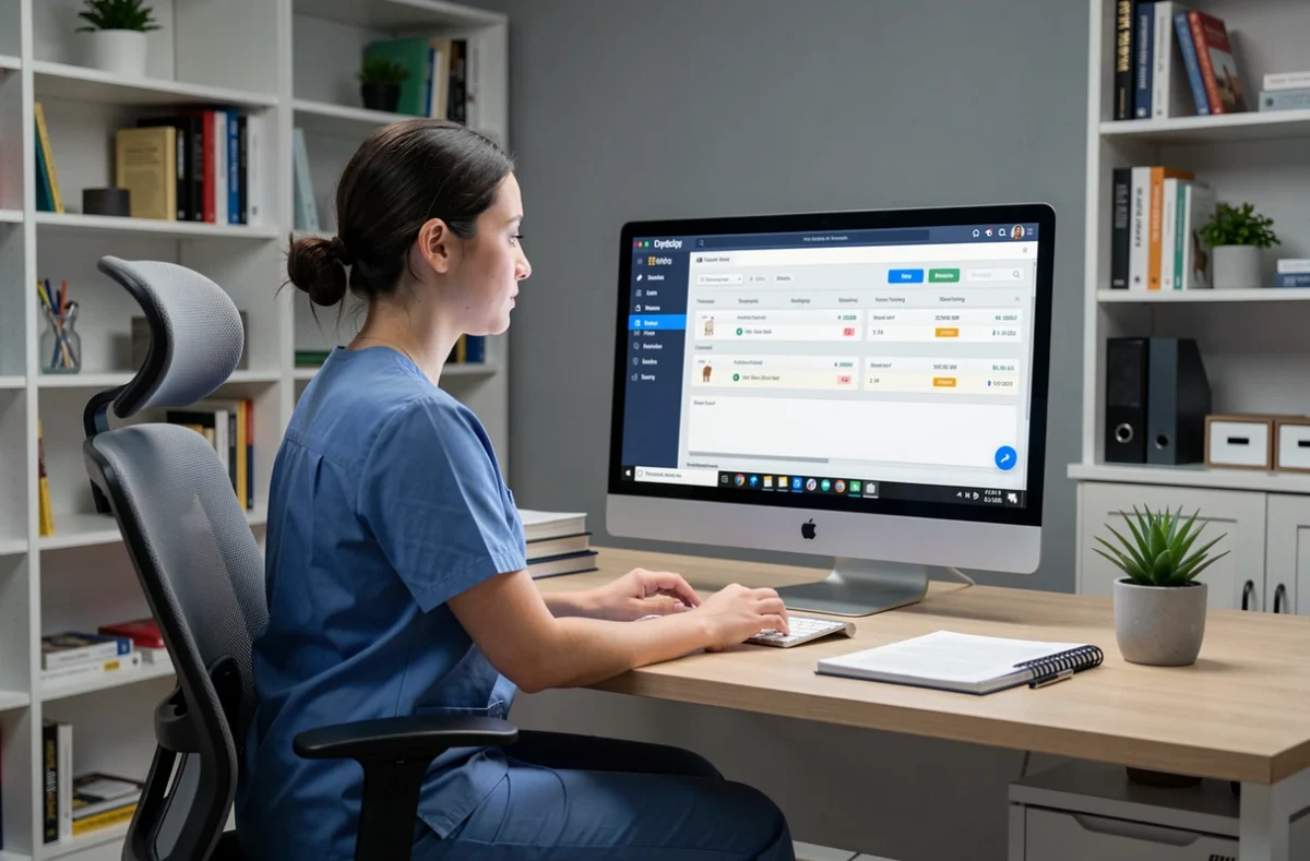 Vétérinaire travaillant sur une plateforme de télémédecine vétérinaire depuis un bureau à domicile