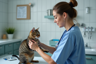 Vétérinaire en scrubs soigneux avec un chat sur la table