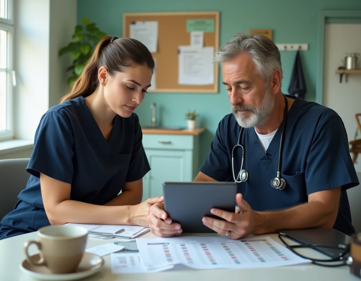 Deux vétérinaires discutant d'une comparaison de salaires sur tablette numérique dans une salle de pause de clinique vétérinaire, France Belgique Québec Suisse