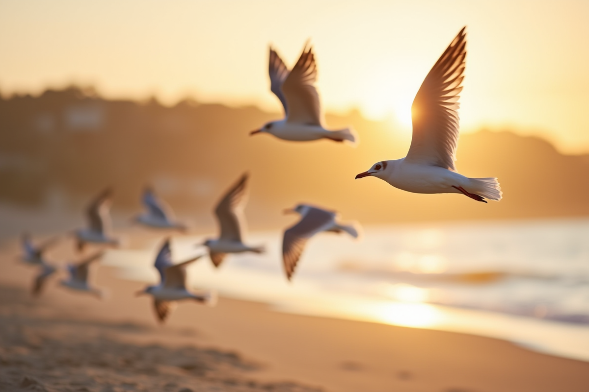 Groupe de mouettes en vol au lever du soleil sur la plage